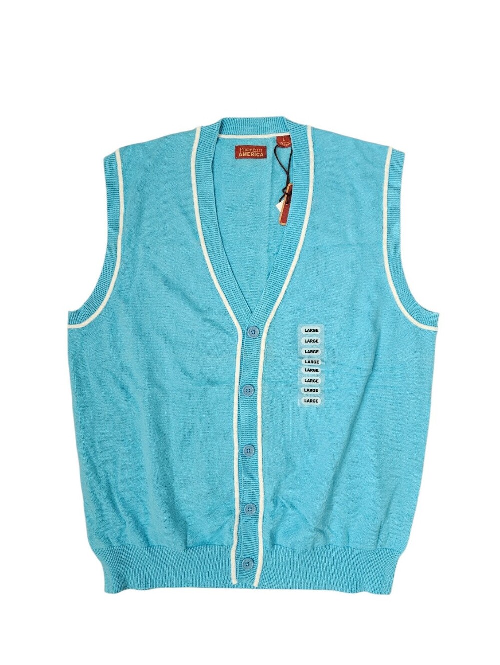 NWT PERRY ELLIS AMERICA Aqua White Trim Button Front Cotton Vest | SZ L